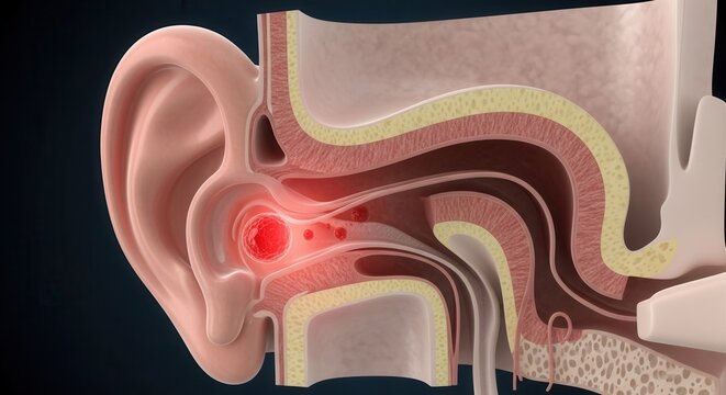 Detailed anatomical cross-section of the human ear showing an inflamed or infected outer ear canal, illustrating otitis externa.