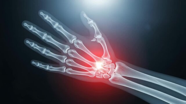 Human hand skeleton x-ray with glowing red points on wrist and knuckles