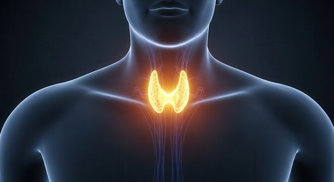 3D rendering of a glowing human thyroid gland in the neck region, highlighting its anatomical position and function.