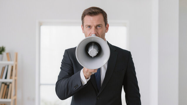 Focused Businessman Communicating Message with Megaphone