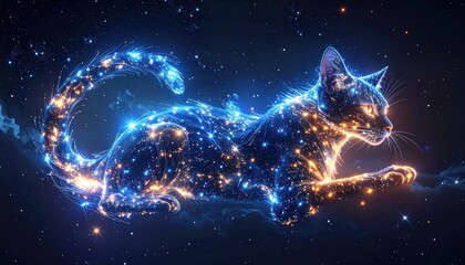 Fototapeta premium Glowing Cat Silhouette in Starry Night Sky.
