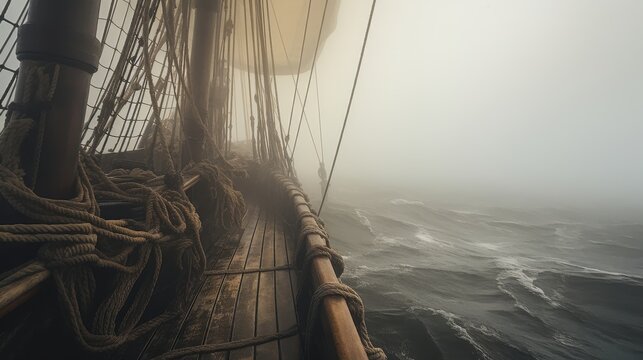 A side shot of the hull of a 100-foot brigantine ship on the atlantic ocean. The ship is sailing through fog.