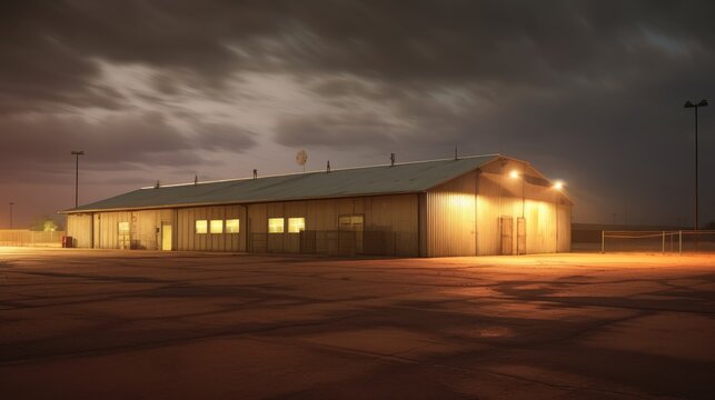 A hangar and an office in the Roswell Army Air Field on a warm July Evening in New Mexico. There is a light inside the office and there is an eerie feeling with fog surrounding the airfield.