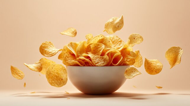 Bowl of golden potato chips with flying crisps against a soft beige background, showcasing texture and detail of the snack food in a dynamic arrangement