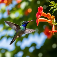 Naklejka premium Hummingbird at Trumpet Vine.