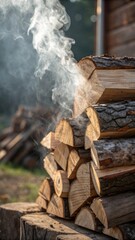 Fototapeta premium Campfire preparation stacked firewood with light smoke rising natural woodland setting close-up view evoking warmth and outdoor anticipation
