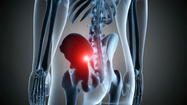 Pelvic girdle x-ray highlighting a glowing red pain spot on the hip joint