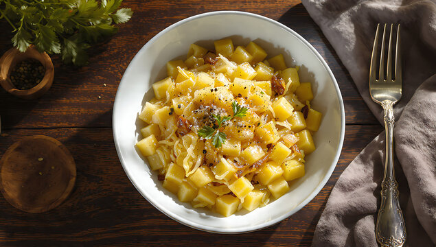Top-Down Flat Lay Austrian Krautfleckerl - Caramelized Cabbage Pasta with Caraway Seeds - Traditional Viennese Comfort Food - Deep Focus Food Photography