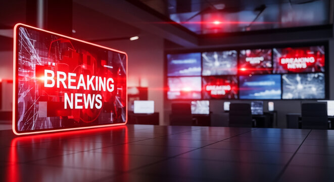 A breaking news alert displayed on a screen in a modern newsroom