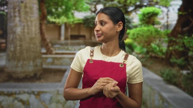 Woman young brunette rubbing hands and looking sideways in a courtyard garden wearing red apron and tee; concern.