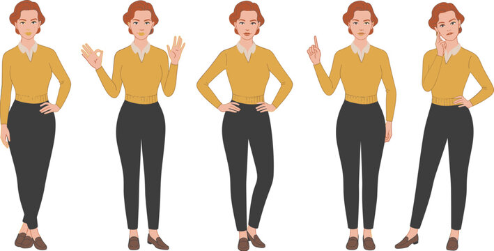 Set of business woman character poses standing gestures collection isolated vector illustration professional female office worker different expressions and body language