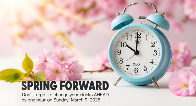 Spring forward reminder with alarm clock and flowers