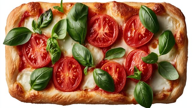 Freshly baked rectangular pizza topped with sliced tomatoes and basil leaves, showcasing a golden crust and melted cheese on a wooden surface