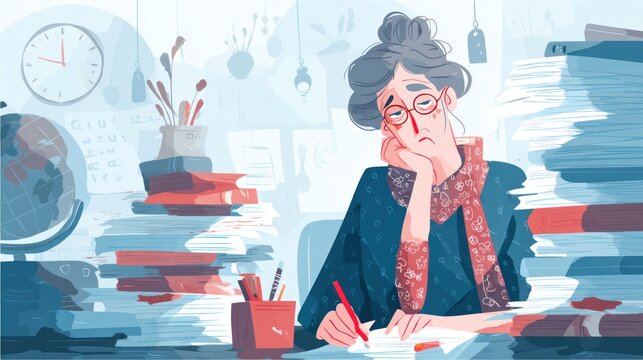 Tired woman overwhelmed by stacks of papers, working at a desk in a cozy room