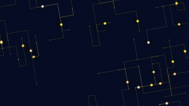Animated digital circuit board concept with glowing nodes and golden lines. Tech background representing data flow, connectivity, and networking.