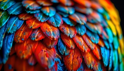 Obraz premium The image features a close up view of a vibrant and colorful arrangement of feathers, predominantly in shades of orange, blue, and turquoise