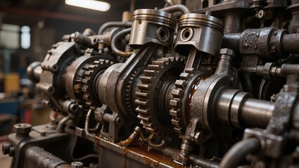 Fototapeta premium Close-up of internal combustion engine metal parts, pistons and crankshaft in workshop gear mechanism machine engineering concept