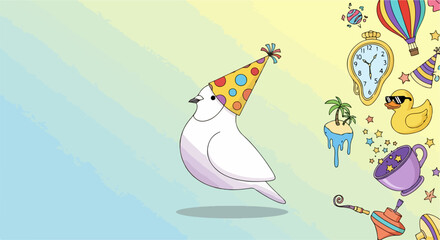 Fototapeta premium White cartoon party bird with colorful polka dot hat on gradient blue and yellow background, surrounded by whimsical elements. Playful avian illustration features melting clock, hot air balloon,