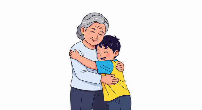 Grandparent hug illustration depicts elderly woman embracing young boy affectionately. Joyful grandparent hug symbolizes intergenerational affection, strong family bond.