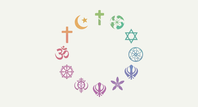 Colorful religious symbols arranged in harmonious circle, representing faith and spirituality. Diverse religious symbols depict global beliefs, fostering interfaith dialogue.