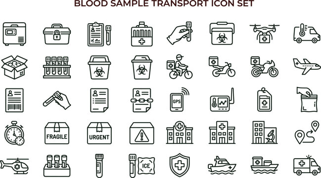 Blood sample transport medical logistics line icon set for laboratory delivery healthcare shipping interface symbols vector applications