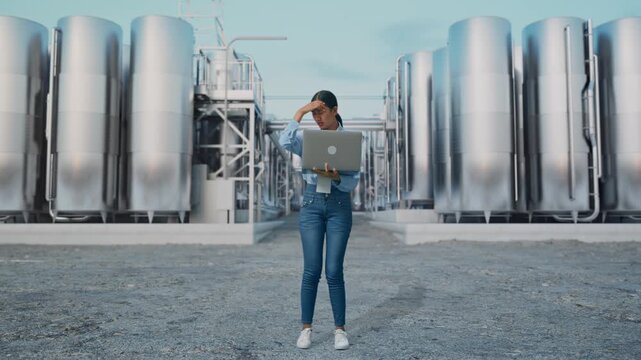Full Body Of Asian Female With Her Laptop at Chemical Plant with Row of Stainless Steel Storage Silos, She Is Nodding Her Shead With Dissapionted