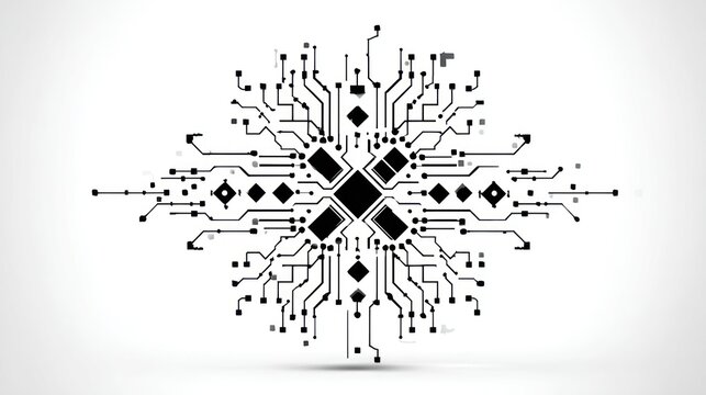 Abstract black circuit board schematic on a white background, symmetrical design