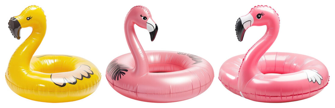 PNG Colorful inflatable flamingo floats on transparent background