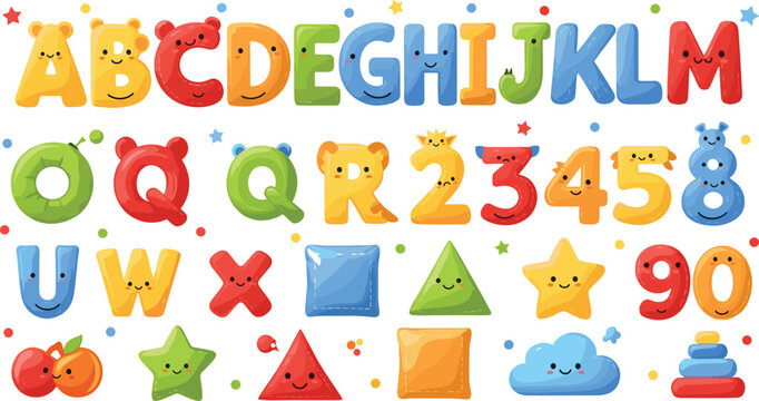 Colorful playful alphabet and numbers set with cartoon doodle style letters, shapes and symbols for kids education, nursery design, and learning materials