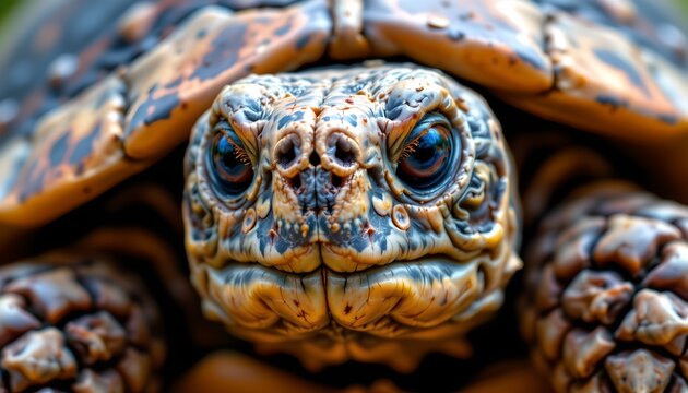 The image features a close up of a tortoise's face, highlighting its textured skin and prominent eyes. The shell is partially visible around the head, displaying a pattern of dark and light markings