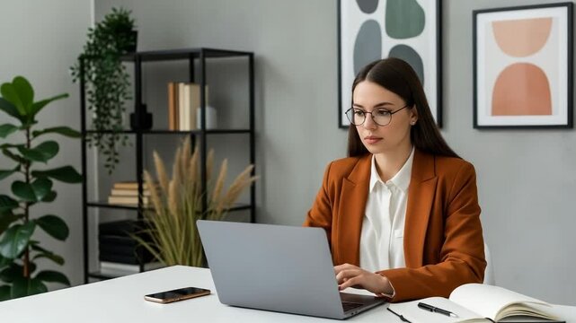 Businesswoman working on laptop at a white desk in a minimalist office