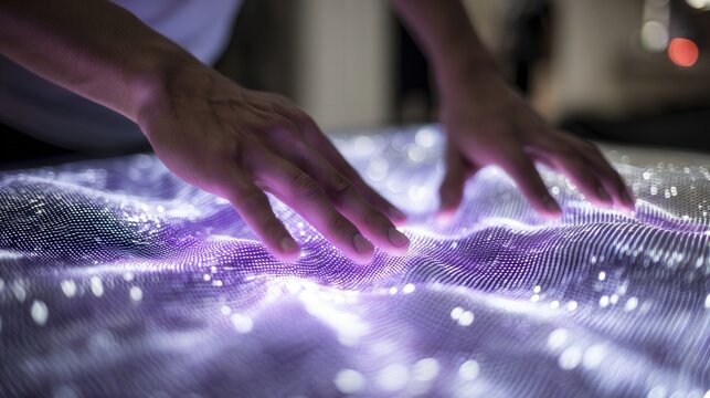 Hands shaping luminous data surface, data artist exploring interactive visualization of pulsing pixels and soft purple glow, using haptic gestures to sculpt responsive mesh on studio table.