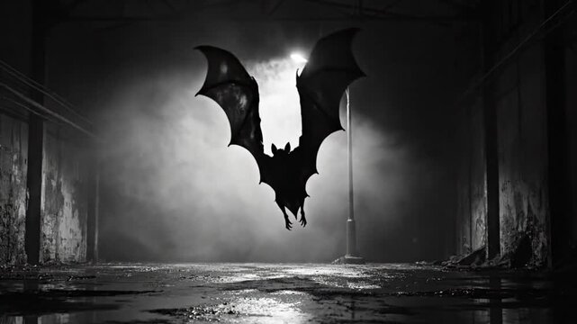 Black and white spooky alleyway with a giant bat illuminated by a street lamp during a misty night creating a creepy ambiance