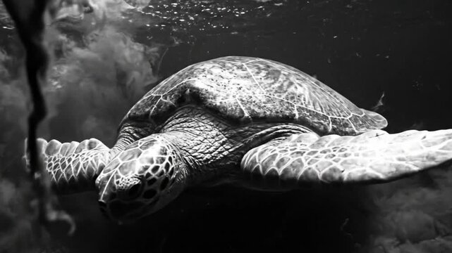 Black and white underwater cinematic shot of a swimming sea turtle showing details of its patterned shell and flippers