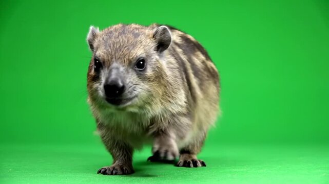 A small, furry rock hyrax, also known as a dassie, stands on a vibrant green screen background, looking directly at the viewer.