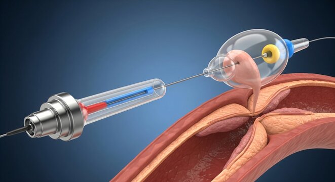 Medical illustration of a catheter with balloon inflating inside a constricted artery