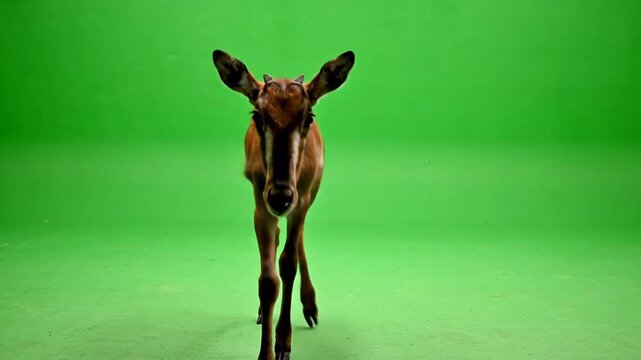 A young brown deer or antelope-like animal stands facing forward on a vibrant green screen background, looking directly at the camera.