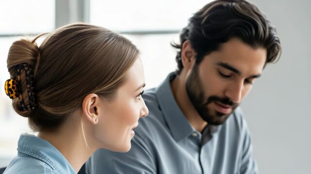 Couple looking at something together with concerned expressions