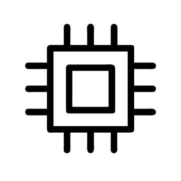 A black and white vector graphic illustration of a microchip icon