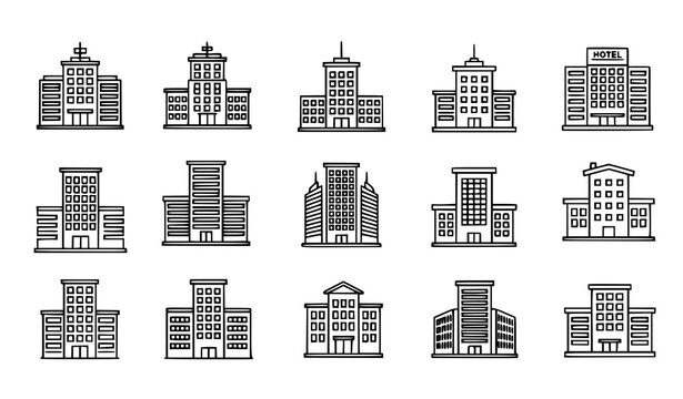 Line building icons vector set with hotel office skyscraper and city architecture outline symbols