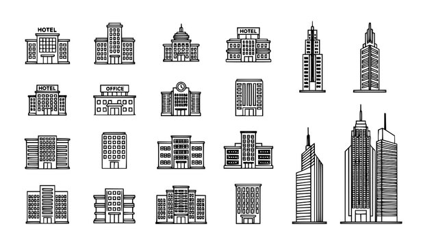 Modern city building outline icons vector set with hotel office apartment and skyscraper linear symbols