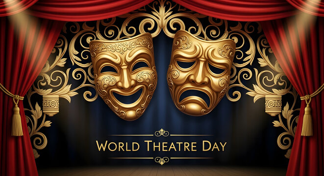 Golden comedy and tragedy masks on world theatre day