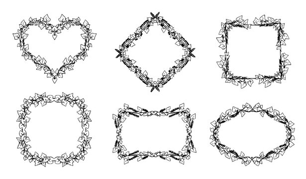 Botanical ivy leaf frame vector set with evergreen vine borders in heart rhombus square rectangle and ellipse shapes