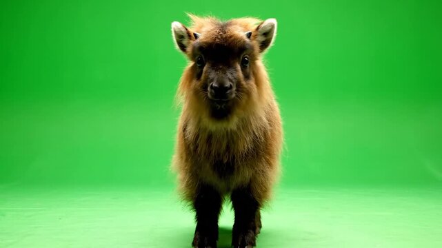 A young, furry brown animal, possibly a calf or a baby yak, stands facing forward against a vibrant green screen, ready for chroma keying.