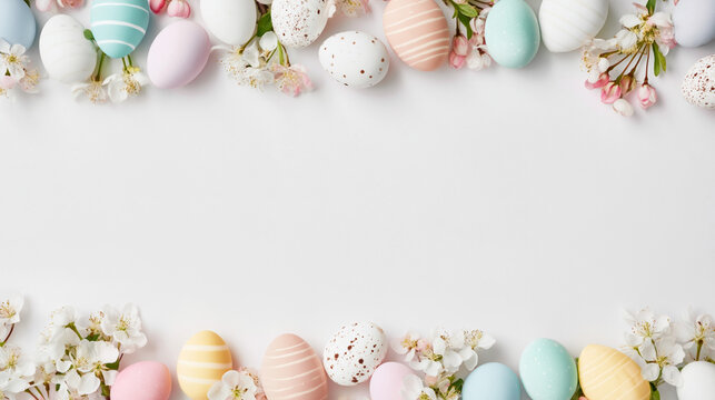 Decorative Easter egg frame with spring blossoms and copy space on white background