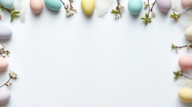 Pastel Easter egg border with spring blossoms and soft feathers on white background