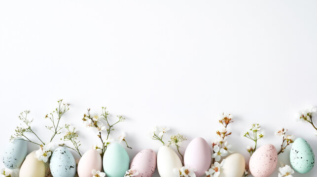 Pastel and speckled Easter egg border with spring blossoms on white background
