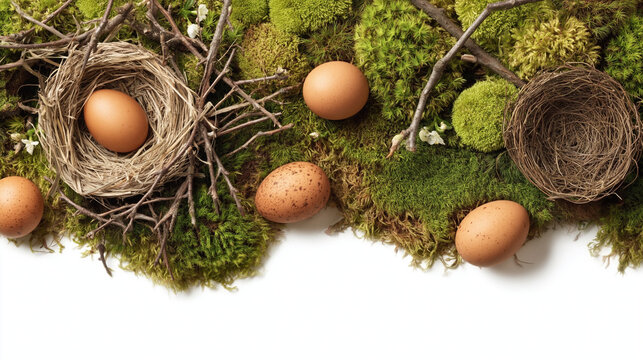 Rustic Easter border with brown eggs moss and bird nests on white background