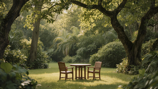 Inviting Garden Seating Beneath Shady Trees on a Sunny Day