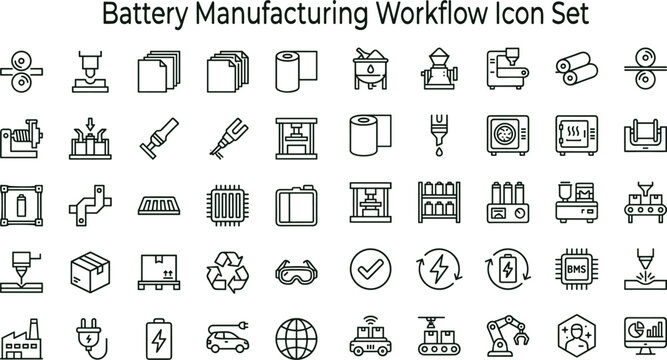 Battery manufacturing workflow outline icon set featuring production assembly automation quality control symbols for energy apps websites dashboards presentations interface design